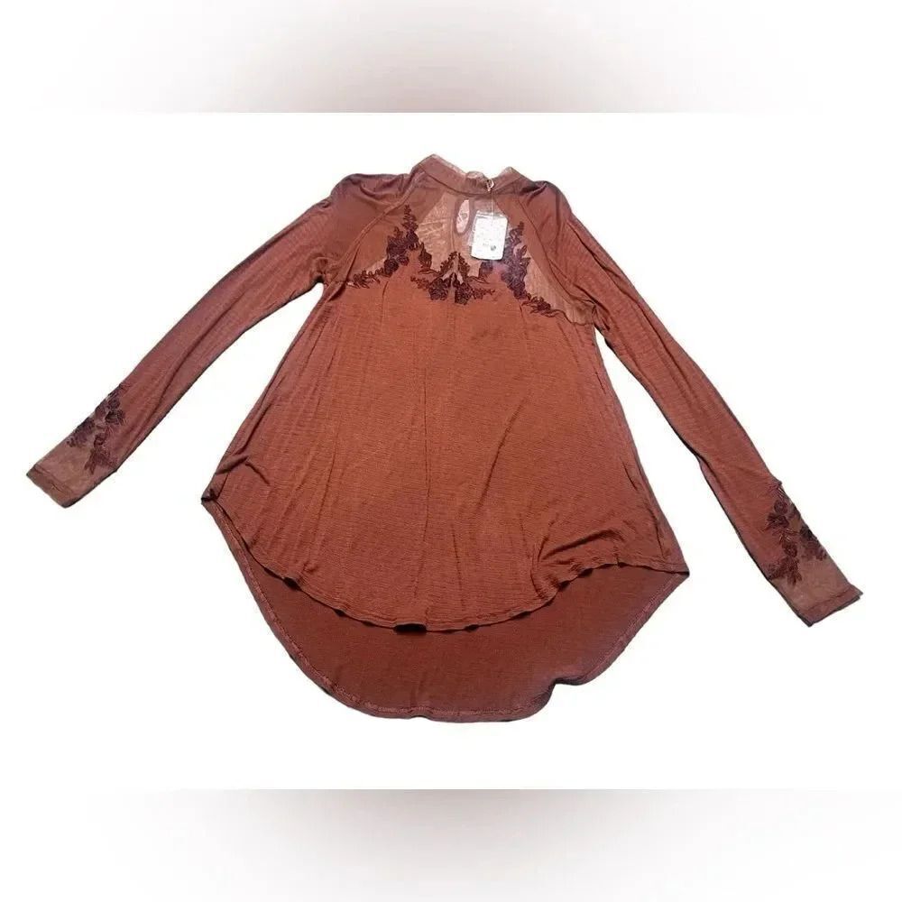 NWT women’s FREE PEOPLE Saheli Tunic in Woodlands Rust Brown Embroidered Top - Picture 4 of 11